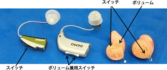 補聴器のスイッチ／ﾎﾞﾘｭｰﾑ（音量調節器）